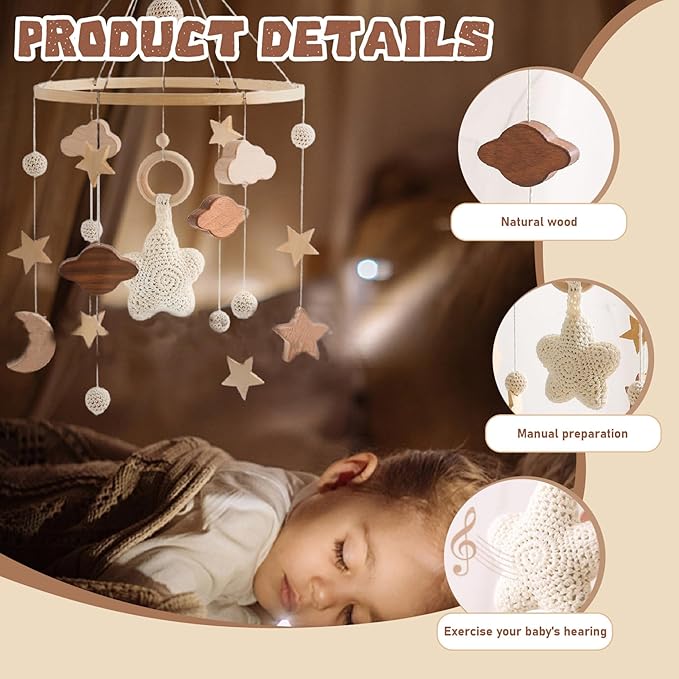 Baby Crib Mobile, Stars Clouds Moon Baby Mobile with Crisp Sound, Hand-Crocheted Wood Nursery Mobiles, Boho Crib Toys Hanging for Boys Girls