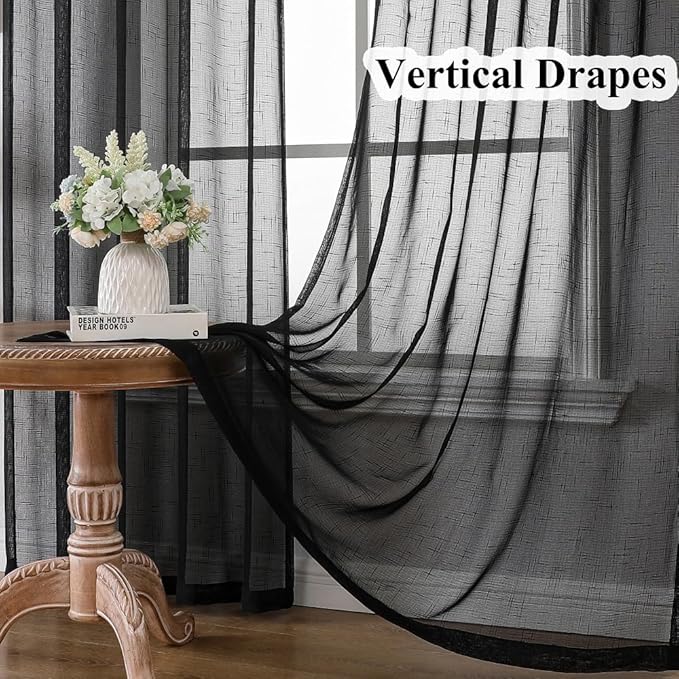 Black Linen Look Sheer Curtains 96 Inches Long 2 Panels, Rustic Textured Light Filtering Drapes, Dark Moody Window Decor, Pinch Pleat Curtain with Hooks