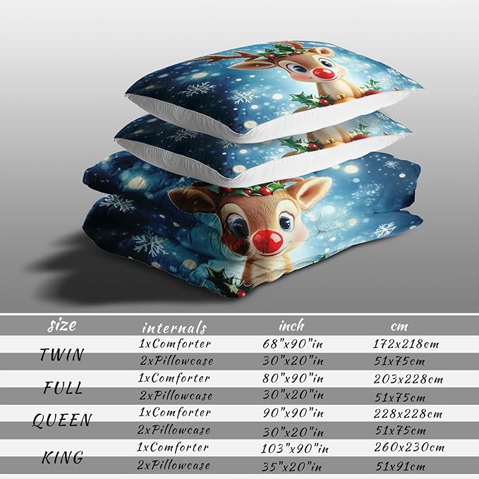 Raphus cucullatus Christmas Bedding Full,Reindeer Christmas Decor Comforter Set,Holiday Bedding Winter Quilt,Snowflake Navidad Comforter Set Full,Cute red Nose Reindeer Quilt