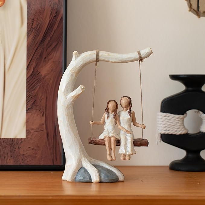 Swing Statue. Mother Daughter Sculpted Hand-Painted Figurine.Mom Birthday Gift from Daughter