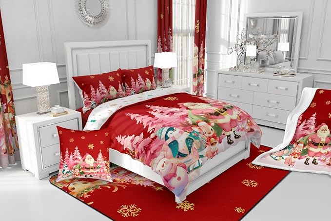 jejeloiu Merry Christmas Comforter Set Full Size Santa Claus Bedding Set for Kids Boys Girls Cute Deer Duvet Quilt Red Bedroom Decor