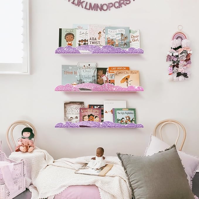 Rainbow Glitter Acrylic Floating Shelves, 15.7" Wall Mounted Nursery Bookshelves, Display Ledge for Books Toy Cosmetic Storage, Bathroom Bedroom Living Room Wall Organizer, 4 Pack, Pink Purple
