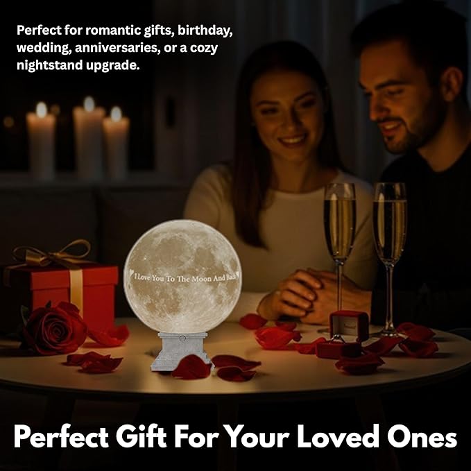 Personalized Moon Lamp with Custom Photo & Text - 3D Printed Night Light - Custom Moon Lamp - 3 Temp Led - Unique Gifts for Women, Girlfriend - Decor for Weddig Anniversary, Birthday