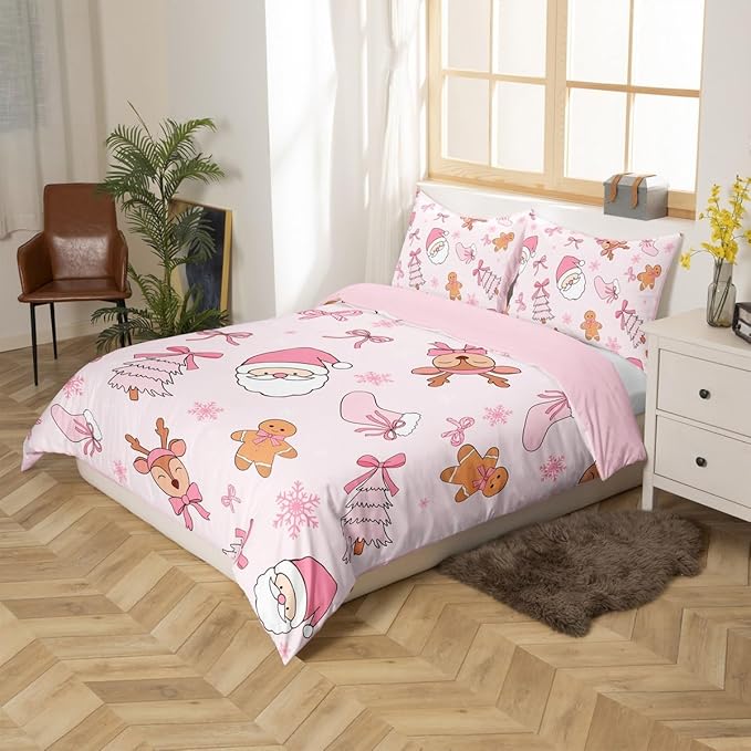 Feelyou Kids Pink Christmas Bedding Set Twin Size Merry Christmas Snowman Duvet Cover for Boys Girls Teens Bedroom Decor Santa Claus Comforter Cover Soft Microfiber Xmas Tree Deer with 1 Pillow Case