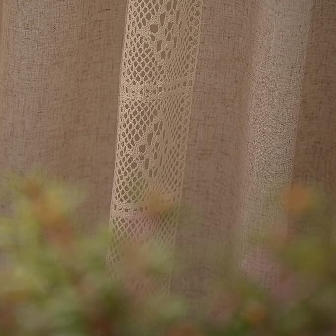 ENJOYBRIDAL Beige Curtains Crochet Lace Patchwork Drapes Curtains 63 Inch Length 2 Panels Tassel Rod Pocket Short Semi-Sheer Boho Bedroom Living Room Farmhouse Rustic Window Curtain Panels