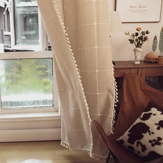 Deeprove Boho Curtains 72 Inches Length Bohemian Lattice Gingham Chic Textured Embroidery Plaids, Vintage Tassels Home Decor Drapes Light Filtering Rod Pocket, 1 Panel W52 x L72, Natural Linen