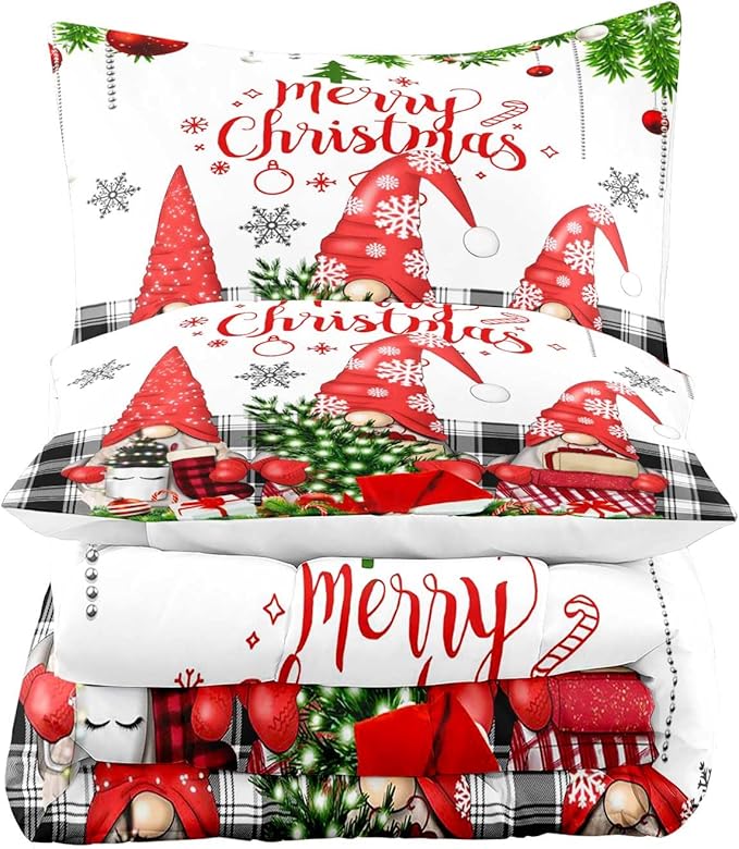 LUVIVIHOME 3PCS Christmas Comforter Set Full Size, Funny Cute Gnome Bedding, Black & White Plaid Snowflake Xmas Merry Christmas Bedroom Decor for Kids Girls Boys Teens White Quilt, 2 Pillow Cases