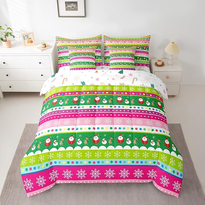Feelyou Christmas Bed Set Snowman Christmas Reindeer Print Comforter Set with Sheets Xmas Santa Claus Bed in a Bag for Kids Girls New Year Theme Bedding Set Bedding Queen Size