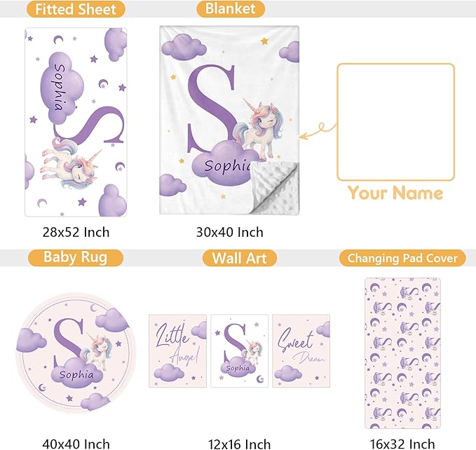 5 Piece Customized Crib Bedding Set for Girls - Custom Name Baby Crib Purple Unicorn Nursery Bedding Set with Soft Blanket, Fitted Sheet, Rug, Personalized Gifts for Toddlers, Newborns, Infants