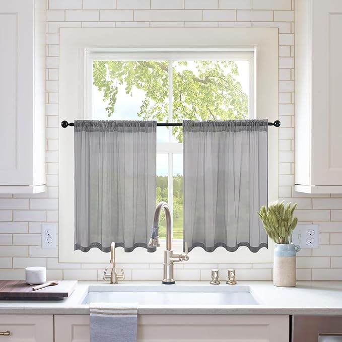 MIULEE Short Sheer Curtains 30 Inch Length for Kitchen Bathroom Cafe Half Window Treatment, Rod Pocket Tier Curtains 2 Panels, 29x30 Inches Long, Charcoal Grey