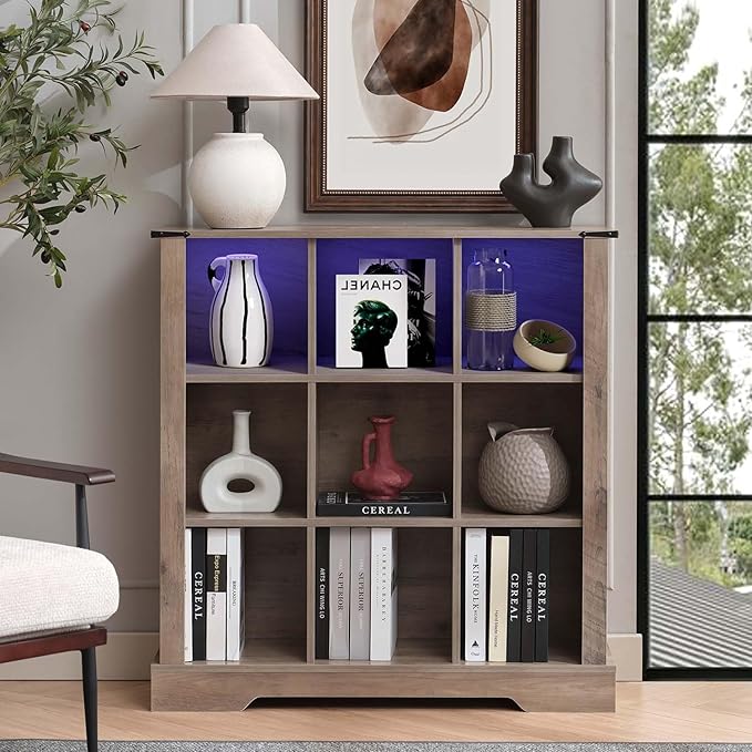 9 Cube Storage Organizer, 3 Tier Book Shelf with Led Lights, Farmhouse Book Shelves for Living Room, Horizontal Toy Storage Bookshelf, Wood Display Bookcase Cabinet for Bedroom, Office, Grey