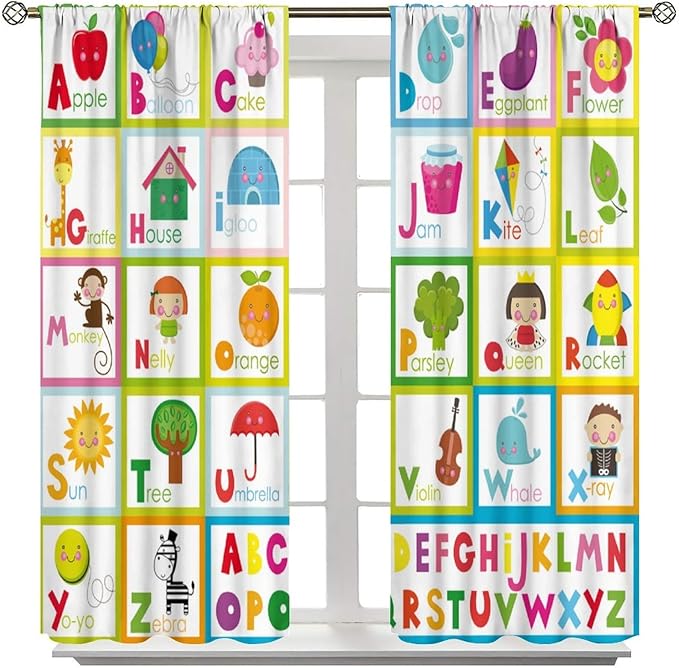 Kids Alphabet Curtains Cute Cartoon Education Learning Funny Teaching Words Curtain with Rod Pocket for Bedroom Nursery Home Decor Drapes Window Treatments 2 Panels Set 84" W X 84" L