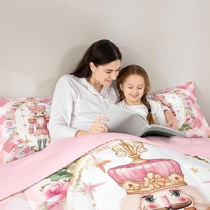 Feelyou Christmas Comforter Set Toddler Size Pink Nutcrackers Bedding Set for Kids Boys Girls Floral Duvet Quilt Funny Nutcracker Bedroom Decor Rose Microfiber 2 Pcs with 1 Pillow Cases