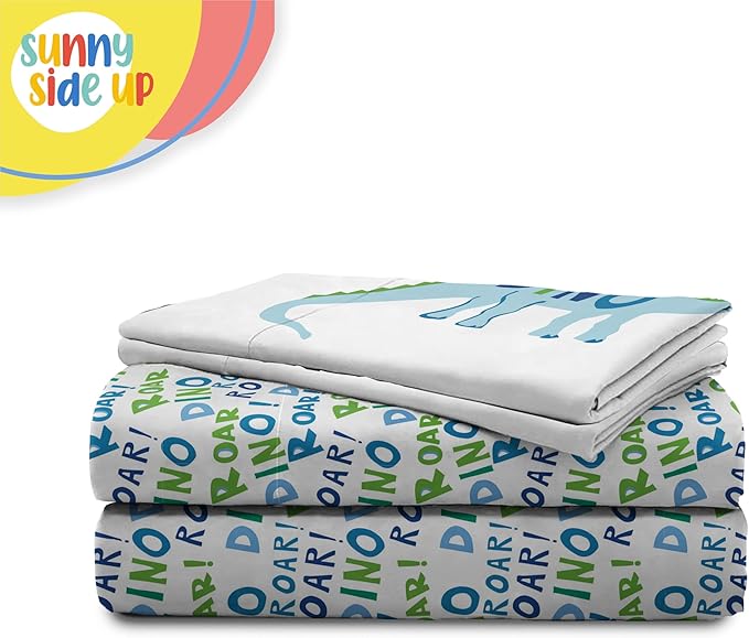 Sunny Side Up Dino Roar Full Sheet Set - 4 Piece Kids Bedding Set Includes Pillow Cover - Super Soft Dinosaur Microfiber Sheets