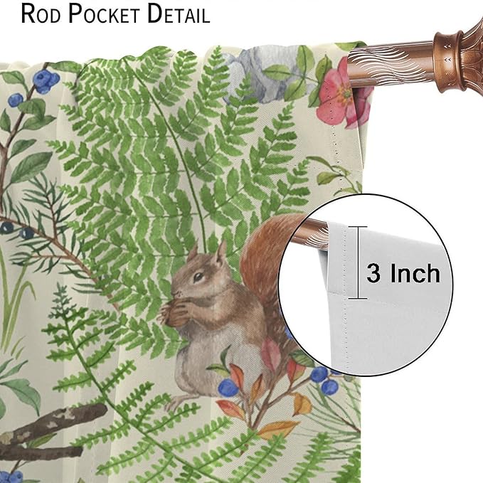 Forest Animal Curtains, Kids Rustic Wild Animal Window Treatments Watercolor Cute Woodland Fox Hedgehog Window Drapes for Nursery Toddler Bedroom 63x72in