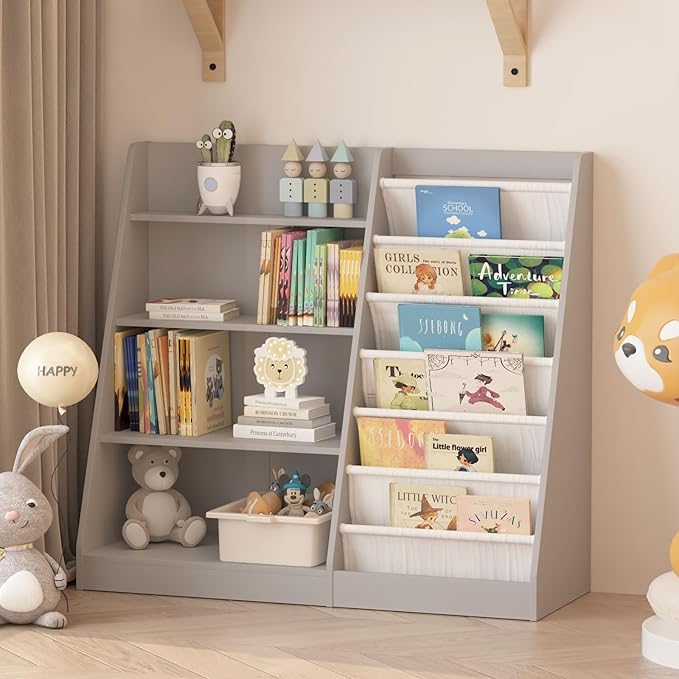 Gray Kids Bookshelf for Nursery Toddler Baby Sling Book Rack Adjustable Shelf Children Bookcase for Classroom Playroom Bedroom Décor Toy Magazine Book Storage Organizer 4 Tier Boy Girl’s Gift