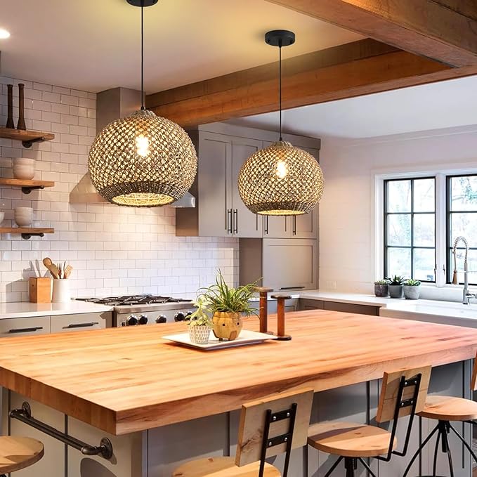Rattan Pendant Light Fixture,13.77" Hand-Woven Water Plants Rattan Chandelier Boho Wicker Coastal Retro Ceiling Chandelier Lighting, Kitchen Island Farmhouse Dining Room Entryway Foyer1-Light