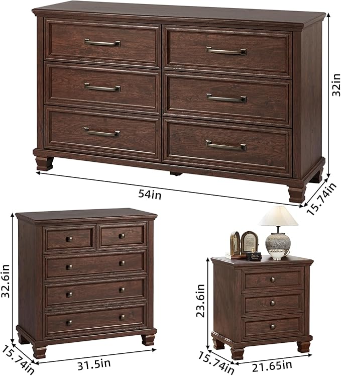 Farmhouse Bedroom Dresser and Nightstand Set of 4, 6 Drawer Low & 5 Drawers Dresser & 3 Drawer Nightstand Set with Wooden Legs, Rustic Wood Furniture for Bedroom, Hallway, Walnut