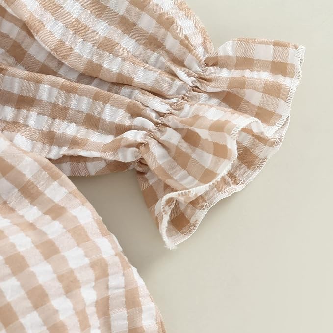 Karuedoo Newborn Baby Girl Clothes Gingham Plaid Bubble Romper Long Sleeve Ruffle Bodysuit with Headband Spring Fall Outfit