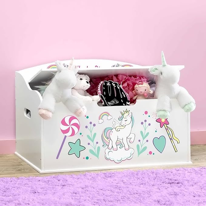 DIBSIES Personalized Creative Wonders Toy Box, Unicorns & Rainbows, 30 x 19.25 x 18 inches, Soft-Close Lid (White)