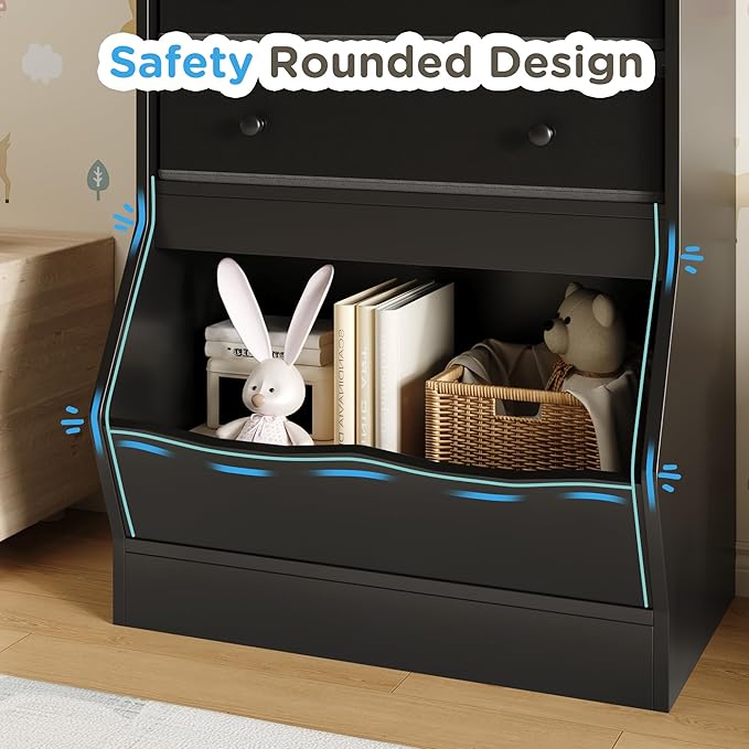 MHOM Toy Storage Organizer with Open Cube, Kids Bookshelf and Toy Storage with PU & Non-Woven Fabric Drawers, Small Book Shelf for Kids Rooms, Playroom and Nursery, Black