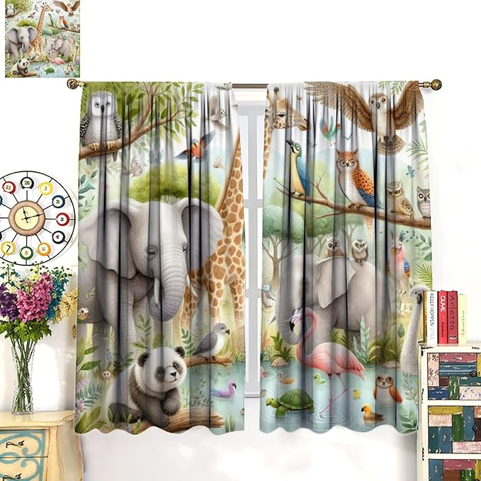 Kids Animals Curtain Cartoon Western Wildlife Flamingo Elephant Giraffe Window Treatment for Baby Children Bedroom Living Room 63" W X 72" L