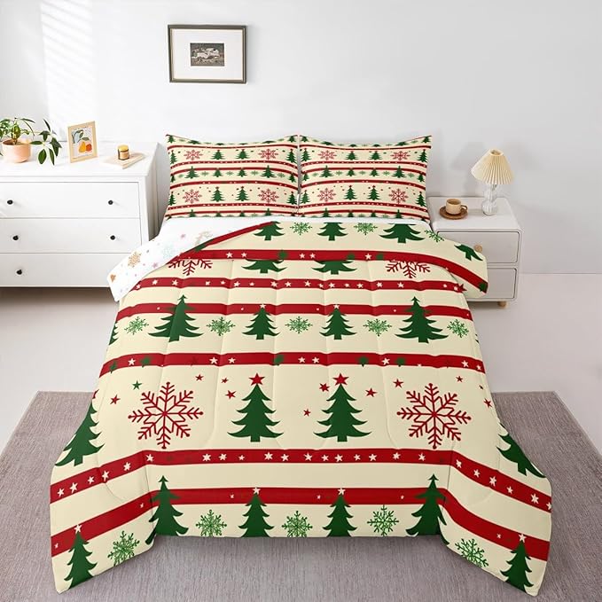 Feelyou Christmas Bedding Set Soft for Boys Girls, Xmas Tree Comforter Set Queen Size Snowflake Star Duvet Quilt Microfiber New Year Theme Bedroom Decor 3 Pcs with 2 Pillow Cases