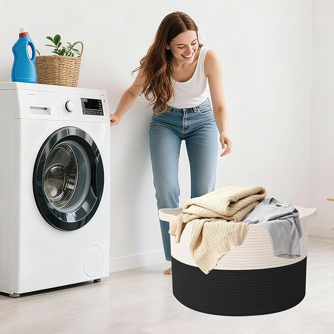 Large Blanket Basket for Organizing,65L Closet Organizers and Storage Bins Box for Shelves Woven Rope Storage Baskets,Living Room,Bedroom,Dorm,Laundry room (White&Black)