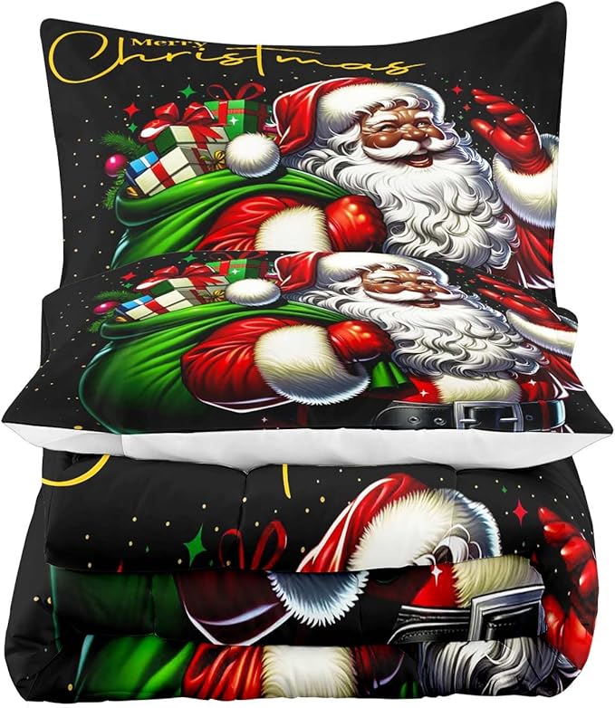 LUVIVIHOME 2PCS Merry Christmas Comforter Set Twin Size, African American Black Santa Claus Bedding, Winter Xmas Funny Christmas Bedroom Decor for Kids Boys Girls Teens, Xmas Gifts, 1 Pillow Sham