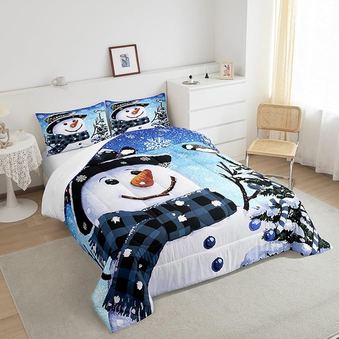 Feelyou Kids Christmas Theme Decorations Bedding Set Xmas Snowman Comforter Set for Boys Girls Snowflake Kawaii Cute Gradient Blue Collection Queen Size