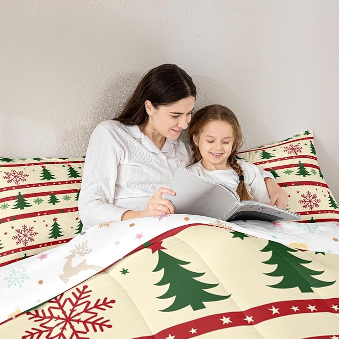 Feelyou Christmas Bedding Set Soft for Boys Girls, Xmas Tree Comforter Set Queen Size Snowflake Star Duvet Quilt Microfiber New Year Theme Bedroom Decor 3 Pcs with 2 Pillow Cases