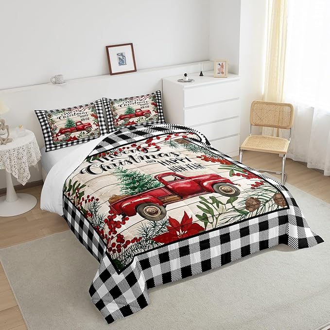 Manfei Red Truck Comforter Set Twin Size, Christmas Theme New Year Quilt Set with 1 Pillowcase, Grey Plaid Print Bedding Set 2pcs for Kids Boys Girls Bedroom Decor