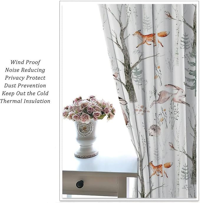 Rustic Forest Window Curtains, Watercolor Woodland Animals Owl Hedgehog Fox Butterfly Forest Squirrel and Bear Blackout Windows Door Curtain for Bedroom Living Room Home Decor 52x84in