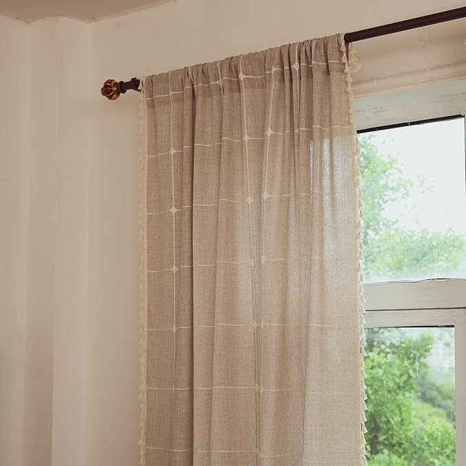 Deeprove Boho Curtains for Bedroom 84 Inches Long, Bohemian Lattice Gingham Chic Textured Embroidery Plaids, Vintage Tassels Country Decor Drapery, Rod Pocket, 1 Panel W52 x L84, Natural Linen