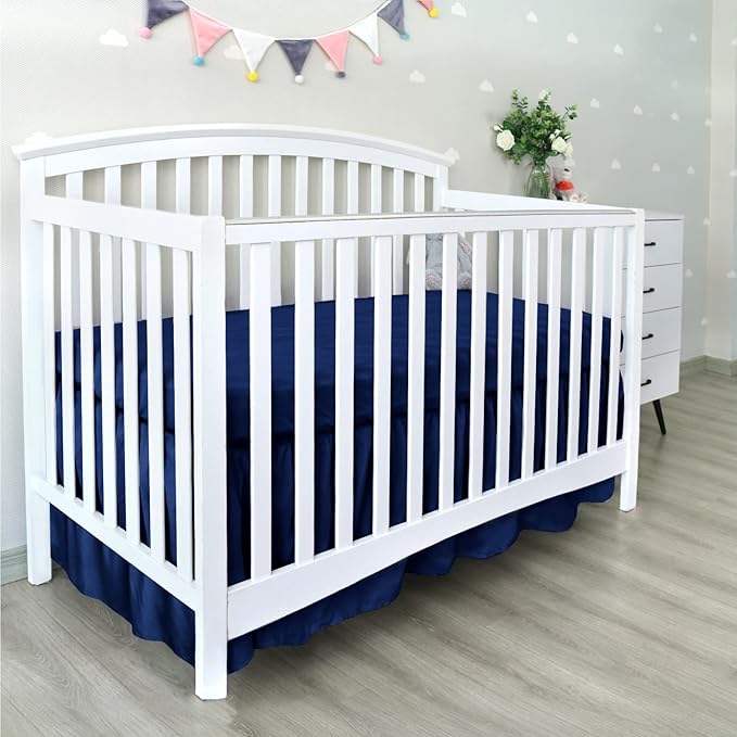 Biloban Crib Bed Skirt Navy 4 Sides Pleated Dust Ruffle Adjustable Fit Standard Crib Toddler Bed Skirts for Baby Boy or Baby Girl Crib Bedding, Navy Blue Crib Skirt Machine Wash