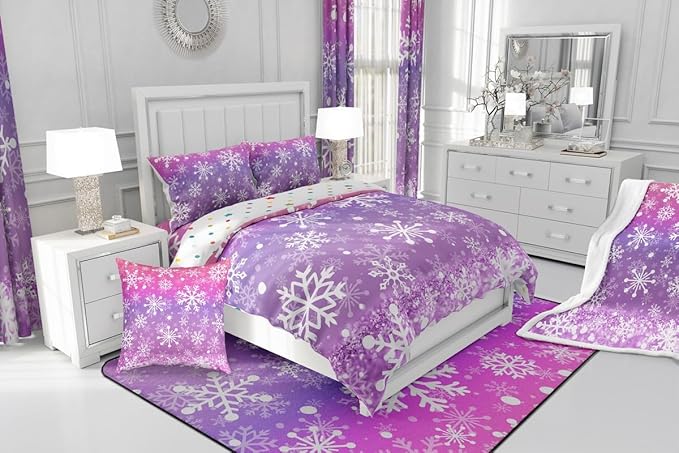 Feelyou Christmas Comforter Set All Season Pink Purple Bedding Set with 1 Pillow Cases Winter Snowflake Microfiber Kids Twin Bedclothes New Year Holiday Bedroom Decor Duvet Quilt Soft Lightweight