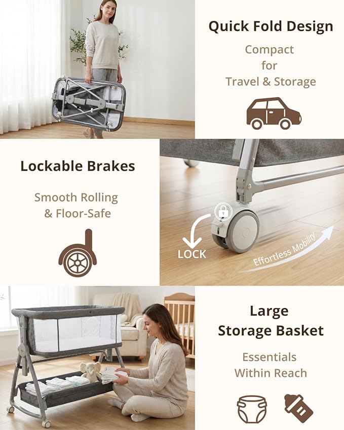 3 in 1 Baby Bassinet Bedside Sleeper with Mattress and Wheels, 5 Height Adjustable Bed Side Bassinets for Newborn, Gray Rocking Bassinet for Baby