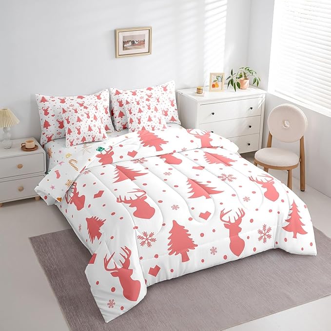 Feelyou Merry Christmas Bed in a Bag for Boys Girls Deer Silhouette Antler Cute Wildlife Bed Set Xmas Tree Snowflake Comforter Set with Sheets Pink Bedding Set Bedroom Collection Twin Size