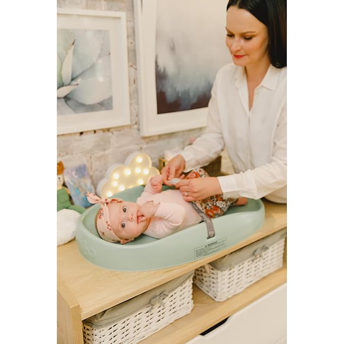 Bumbo Baby Changing Pad for Dresser or Table Top, Portable & Wipeable Non Slip Soft Contoured Diaper Change Station with Harness, Hemlock