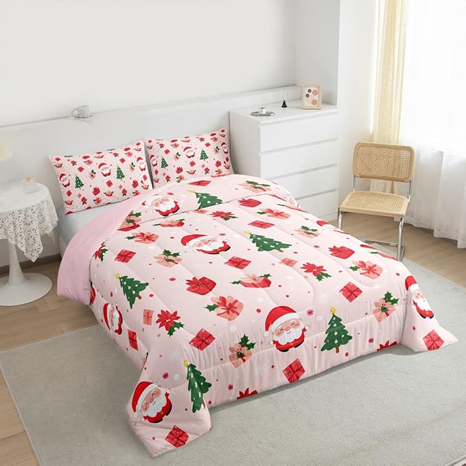 Feelyou Christmas Decor Bedding Set Soft for Boys Girls, Santa Claus Comforter Set Queen Size Xmas Duvet Quilt Microfiber Christmas Decor Bedroom Decor 3 Pcs with 2 Pillow Cases