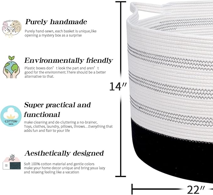 XXXLarge Cotton Rope Basket 22" X 22"X 14" Blanket Basket for Living Room Woven Basket Soft Baby Laundry Blanket Basket Nursery Bin Toy Basket with Handle White+Black
