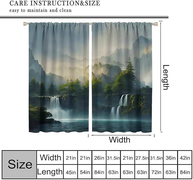 Landscape Theme Waterfall Blackout Curtains, Waterfall Mountains Jungle Printed Natural Scenery Window Drapes, for Bedroom Living Room 42" W X 45" L