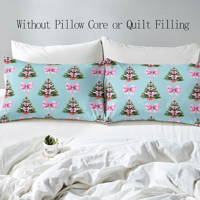 LUVIVIHOME 3PCS Pink Bow Christmas Tree Duvet Cover King Bedding Set, Teen Girl Bedding, Blue Duvet Cover, Winter Holiday Kids Christmas Comforter Cover, Coquette Room Decor Aesthetic, 2 Pillow Cases