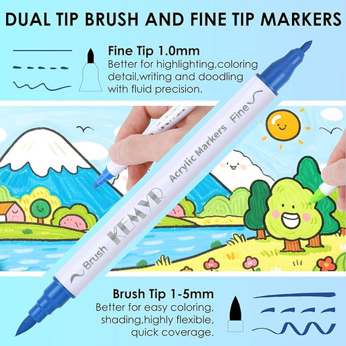 120 Colors Brush & Fine Tip Acrylic Paint Pens, Dual Tip Acrylic Paint Markers for Paper, Wood, Canvas, Stone, Rock, Glass, Fabric, DIY, Ceramic, Art Supplies for Adults Drawing