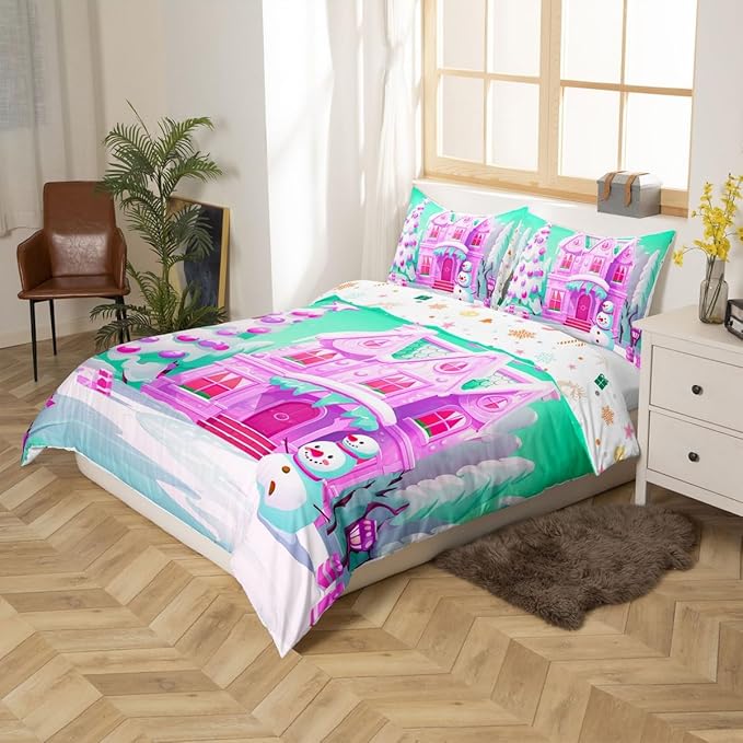 Feelyou Merry Christmas Comforter Cover Set Christmas Tree Snowman Duvet Cover Set for Kids Boys Girls Bedroom Bed Decor Xmas Christmas Purple Bedding Set King Size Soft Quilt Cover,No Comforter