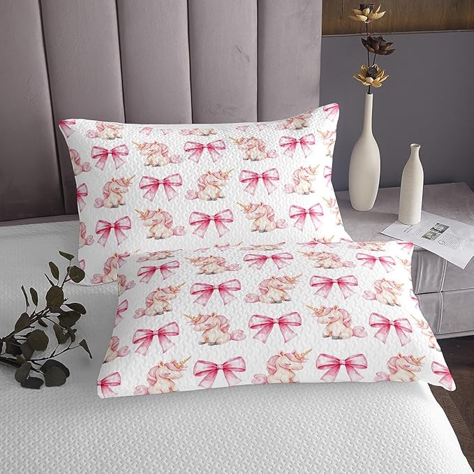 Cartoon Unicron Kids Bedspread Queen Size,Pink Bowknot Bow Tie Princess Tale Coverlet Set,Girls Women Room Decor,Cute Unicorn Bow Toddler Quilted Coverlet,Lovely Chic Bedding Quilt,2 Pillowcases