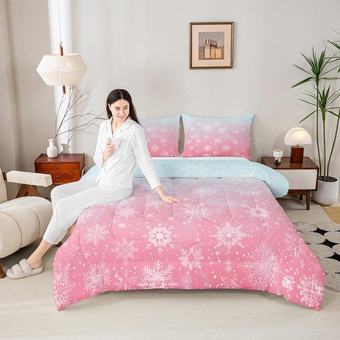 Feelyou Christmas Comforter Set King Size Winter Snowflake Bedding Set for Kids Boys Girls Blue Pink Gradient Duvet Quilt Bedroom Decor Microfiber 3 Pcs with 2 Pillow Cases