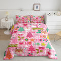 Merry Christmas Kids Comforter Set Queen Size,Cartoon Santa Claus Snowman Deer Xmas Bedding Set,Boys Girls Adults Room Decor,Geometric Grids Down Comforter,Pink Romantic Duvet Insert,2 Pillowcases