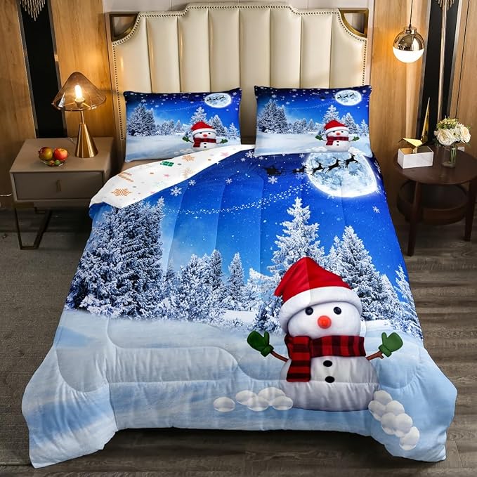 Feelyou Christmas Comforter Set Snowman Decorations Bedding Set for Kids Boys Girls Xmas Winter Decor Blue Quilt Room 3Pcs Queen Size