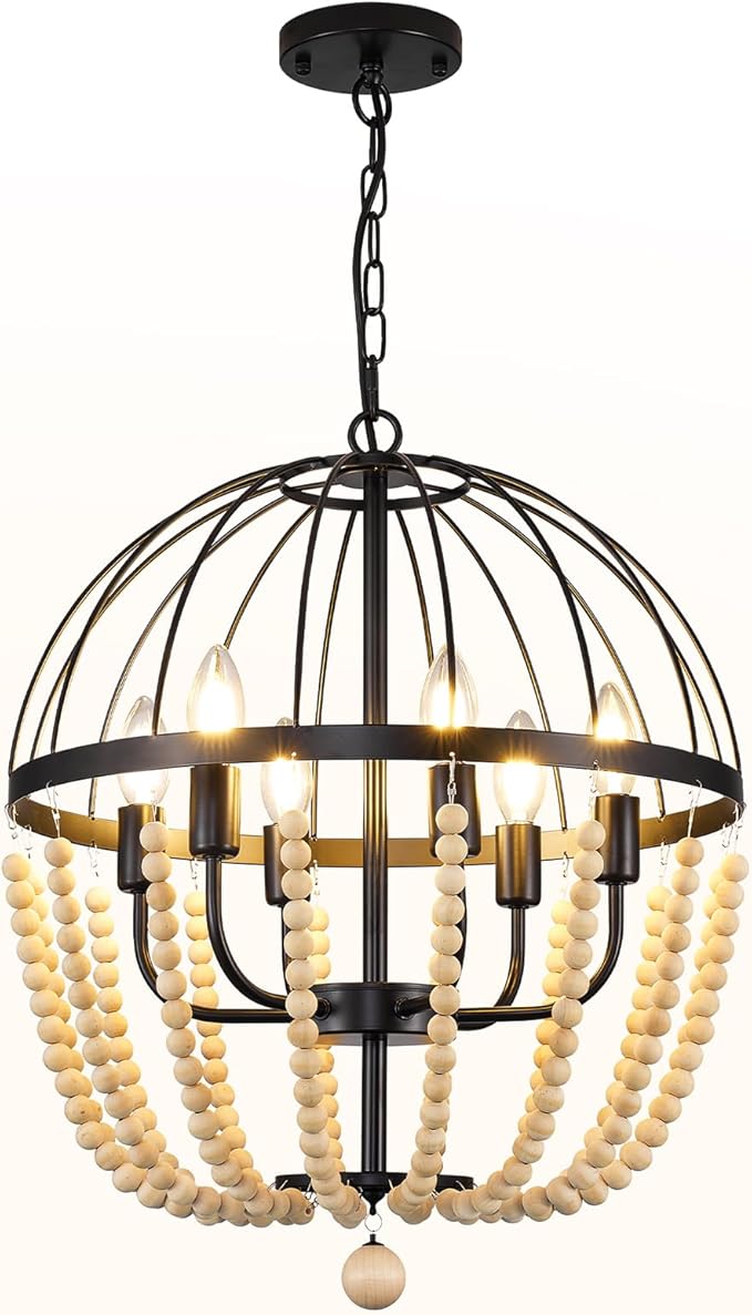 WJShome 6-Light Farmhouse Chandelier, Vintage Dining Room Light Fixture, Black Boho Wooden Bead Lantern Pendant Light, Rustic Pendant Lights Kitchen Island, for Entryway Foyer Hallway,